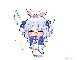 Rule 34 | 0725akaba, 1girl, :d, ^ ^, animal ears, blue footwear, blue hair, blue jacket, blue ribbon, blush, carrot hair ornament, closed eyes, collared shirt, commentary request, facing viewer, flying sweatdrops, food-themed hair ornament, hair ornament, hair ribbon, highres, hololive, jacket, long sleeves, official alternate costume, open clothes, open jacket, open mouth, pleated skirt, rabbit ears, ribbon, shadow, shirt, shoes, short eyebrows, simple background, skirt, smile, socks, solo, standing, standing on one leg, thick eyebrows, translation request, twitter username, two side up, usada pekora, usada pekora (casual), virtual youtuber, white background, white shirt, white skirt, white socks