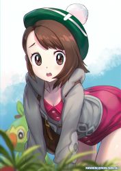 Rule 34 | 1girl, absurdres, all fours, backpack, bag, brown eyes, brown hair, cardigan, collarbone, commentary request, creatures (company), dress, game freak, gen 8 pokemon, gloria (pokemon), green headwear, grey cardigan, grookey, hat, highres, long sleeves, looking at viewer, ninnin (shishitou), nintendo, open mouth, pink dress, pokemon, pokemon (creature), pokemon swsh, revision, short hair, tam o&#039; shanter, thighs, twitter username