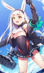 Rule 34 | 1girl, absurdres, animal ears, azur lane, breasts, brown eyes, feet out of frame, gun, hand up, highres, holding, holding gun, holding weapon, jacket, long hair, looking at viewer, no bra, on water, open clothes, open jacket, open mouth, purple jacket, purple skirt, rabbit ears, rabe26k, shimakaze (azur lane), silver hair, skirt, small breasts, solo, standing, underboob, weapon