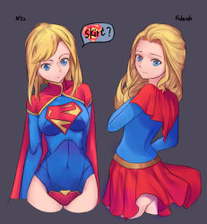 Rule 34 | 1girl, ?, absurdres, ass, back, blonde hair, blue eyes, breasts, cape, capelet, character sheet, closed mouth, clothes lift, comparison, covered navel, cropped legs, dc comics, english text, female focus, grey background, hair slicked back, has bad revision, has downscaled revision, highres, kryptonian, large breasts, leotard, long hair, looking at viewer, md5 mismatch, multiple views, overskirt, red cape, red skirt, resolution mismatch, short hair, simple background, skirt, skirt lift, smile, source smaller, speech bubble, supergirl, superman (series), swept bangs, thighs, tsuki suigetsu, turnaround
