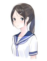 Rule 34 | 1girl, bad id, bad twitter id, black eyes, blush, brown hair, closed mouth, commentary request, hair ornament, hairclip, km yama, light blush, looking at viewer, neckerchief, original, parted bangs, ponytail, purple neckerchief, purple sailor collar, sailor collar, shirt, short sleeves, simple background, solo, upper body, white background, white shirt