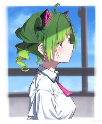 Rule 34 | 1girl, ahoge, animal ear hairband, animal ears, ascot, blue sky, blurry, blurry background, blush, breasts, cat ear hairband, cat ears, closed mouth, collared shirt, delutaya, diagonal bangs, drill hair, earrings, fake animal ears, from side, gold earrings, green hair, hair ornament, hairband, highres, indie virtual youtuber, jewelry, medium breasts, multicolored hair, pink ascot, pink hair, profile, red eyes, shirt, signature, sky, solo, star (symbol), star earrings, triangle, twin drills, twintails, upper body, utaite, virtual youtuber, white shirt, yo na