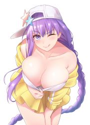 Rule 34 | 1girl, backwards hat, bare shoulders, baseball cap, bb (fate), bb (fate) (all), bb (swimsuit mooncancer) (fate), bb (swimsuit mooncancer) (first ascension) (fate), bikini, bikini pull, bikini top only, blush, braid, breasts, cleavage, closed mouth, clothes pull, collarbone, downblouse, fate/grand order, fate (series), hat, hat ornament, highres, jacket, large breasts, leaning forward, licking lips, long braid, long hair, looking at viewer, navel, off shoulder, one eye closed, purple eyes, purple hair, sano jinya, simple background, single braid, skirt, smile, solo, star (symbol), star hat ornament, swimsuit, thighs, tongue, tongue out, white background, white bikini, white hat, yellow jacket, yellow skirt