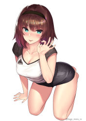 Rule 34 | 1girl, arm support, artist name, bare legs, barefoot, black hairband, black shorts, black sleeves, blue eyes, blush, breasts, brown hair, cleavage, collarbone, denim, denim shorts, fellatio gesture, full body, hairband, hand gesture, highres, kagematsuri, looking at viewer, medium breasts, original, seiza, shirt, short hair, short shorts, short sleeves, shorts, simple background, sitting, solo, t-shirt, tongue, tongue out, twitter username, white background, white shirt