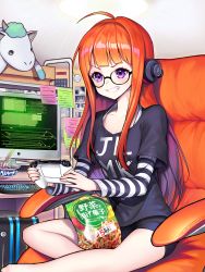 10s 1girl blush computer controller female_focus glasses grin headphones highres kyundoo long_hair looking_at_viewer orange_hair persona persona_5 purple_eyes sakura_futaba smile snack solo striped teeth