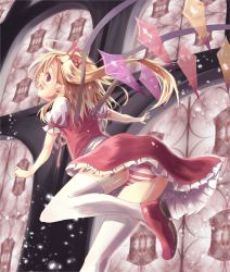 Rule 34 | 1girl, ass, back, blonde hair, blush, female focus, flandre scarlet, light particles, no headwear, nyahu (nyahu 77), open mouth, panties, pantyshot, revision, short hair, side ponytail, sideways mouth, skirt, smile, solo, stained glass, striped clothes, striped panties, thighhighs, touhou, underwear, upskirt, white thighhighs, wings