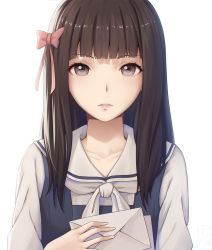 Rule 34 | 1girl, bad id, bad pixiv id, blunt bangs, bow, brown eyes, brown hair, collarbone, commentary, fumino aya, hair bow, highres, holding, holding letter, letter, long hair, looking at viewer, miura-n315, parted lips, root letter, sailor collar, school uniform, serafuku, simple background, solo, white background
