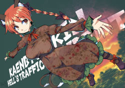 Rule 34 | 1girl, animal ears, bow, braid, breasts, cat ears, cat tail, character name, dress, dutch angle, floral print, from above, highres, kaenbyou rin, large breasts, looking to the side, multiple tails, outstretched arms, parted lips, red hair, solo, tail, teeth, touhou, twin braids, two tails, umigarasu (kitsune1963)
