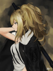 Rule 34 | 1girl, animal ears, arknights, axe, black jacket, blonde hair, blurry, breasts, chaciooh, depth of field, expressionless, from side, grey eyes, highres, holding, holding axe, jacket, jacket on shoulders, large breasts, lion ears, long hair, looking afar, messy hair, shirt, sidelocks, siege (arknights), signature, solo, tank top, upper body, white shirt