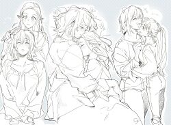 Rule 34 | 2girls, ahndory, blush, closed eyes, closed mouth, commentary request, cuddling, dungeon meshi, elf, falin touden, falin touden (tallman), greyscale, hand on another&#039;s arm, highres, korean commentary, long hair, long sleeves, looking at another, marcille donato, monochrome, multiple girls, pants, parted lips, pointy ears, ponytail, shirt, short hair, sleeves past fingers, sleeves past wrists, smile, yuri