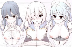 Rule 34 | 10s, 3:, 3girls, black legwear, blush, breasts, breasts apart, clothes lift, cum, cum on body, cum on breasts, cum on upper body, double bun, from above, gloves, hair ornament, hair over one eye, hairclip, hamakaze (kancolle), hat, inverted nipples, kantai collection, kneeling, large breasts, monochrome, multiple girls, muted color, nipples, no bra, nose blush, open clothes, open mouth, open shirt, paizuri, pantyhose, penis, perpendicular paizuri, pleated skirt, pov, pubic hair, shirt, shirt lift, skirt, tears, uncensored, uni8, urakaze (kancolle), ushio (kancolle)