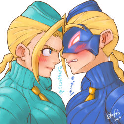 Rule 34 | 1990s (style), 2girls, ahoge, alternate costume, angry, antenna hair, between breasts, blonde hair, blue eyes, blush, braid, breast press, breasts, cammy white, capcom, clenched teeth, decapre, eye contact, face-to-face, forehead-to-forehead, garrison cap, glowing, glowing eyes, hat, heads together, highres, hori shin, huge ahoge, leotard, long hair, look-alike, looking at another, mask, multiple girls, necktie, necktie between breasts, red eyes, retro artstyle, ribbed leotard, shadaloo dolls, shoulder pads, street fighter, street fighter iv (series), street fighter zero (series), symmetrical docking, teeth, translation request, twin braids, yuri