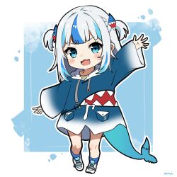 Rule 34 | 1girl, :3, :d, absurdres, animal costume, blue hair, blue hoodie, blue socks, blunt bangs, chibi, fins, fish tail, gawr gura, gawr gura (1st costume), grey hair, hair ornament, highres, hololive, hololive english, hood, hoodie, looking at viewer, medium hair, minijaham, multicolored hair, open mouth, shark costume, shark girl, shark hair ornament, shark tail, shoes, sidelocks, smile, sneakers, socks, streaked hair, tail, two side up, virtual youtuber, white footwear, white hair