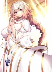 Rule 34 | 1girl, blonde hair, blue eyes, braid, braided ponytail, breasts, dress, fate/grand order, fate (series), headpiece, highres, jeanne d&#039;arc (fate), jeanne d&#039;arc (lostroom outfit) (fate), jeanne d&#039;arc (ruler) (fate), large breasts, long hair, looking to the side, ninoude (ninoude44), own hands together, parted lips, solo, tagme, white dress