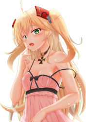Rule 34 | 1girl, absurdres, admiral hipper (azur lane), ahoge, alternate costume, armpits, azur lane, babydoll, bare shoulders, blonde hair, blush, breasts, choker, cleavage, collarbone, covered erect nipples, cross, crying, crying with eyes open, green eyes, hair between eyes, headgear, heart, heart-shaped pupils, highres, iron cross, kamisaki aria, long hair, looking at viewer, mole, mole under eye, off shoulder, open mouth, pink babydoll, saliva, saliva trail, simple background, small breasts, solo, symbol-shaped pupils, tears, two side up, very long hair, white background
