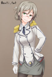 Rule 34 | anti (untea9), blouse, buttons, double-breasted, epaulettes, glasses, gloves, green eyes, grey shirt, hand on own hip, highres, kantai collection, katori (kancolle), light brown hair, military, military uniform, necktie, pantyhose, shirt, simple background, skirt, smile, solo, twitter username, uniform, white gloves