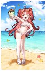 Rule 34 | 1girl, absurdres, ahoge, arknights, beach, bikini, blue sky, bow, bug, butterfly, choker, cloud, day, earrings, elbow gloves, eyewear on head, facing viewer, fang, flat chest, flower, frilled bikini, frills, full body, gloves, hair flower, hair ornament, heart, heart-shaped eyewear, highres, holding, horizon, insect, jewelry, long hair, myrtle (arknights), myrtle (summer flowers) (arknights), navel, necklace, official alternate costume, open mouth, orange-tinted eyewear, outdoors, outstretched arm, parfait, pointy ears, purple footwear, rainbow, red bow, red hair, sand, sandals, shell, shell necklace, skin fang, sky, soda (sod4), solo, sparkle, standing, starfish, stomach, summer, swimsuit, thighhighs, tinted eyewear, twintails, very long hair, wafer stick, white bikini, white choker, white gloves, white thighhighs
