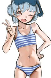 Rule 34 | 1girl, bikini, blue hair, collarbone, commentary request, cowboy shot, double bun, eyewear on head, flat chest, hair bun, hand on own hip, highres, kabayaki namazu, kantai collection, looking at viewer, navel, one eye closed, samuel b. roberts (kancolle), short hair, simple background, solo, striped bikini, striped clothes, sunglasses, swimsuit, unfinished, v, white background, yellow eyes