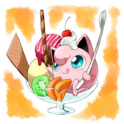 Rule 34 | :q, blue eyes, cherry, creatures (company), dessert, food, food focus, food on head, fruit, game freak, gen 1 pokemon, good frog, ice cream, in container, jigglypuff, kiwi (fruit), nintendo, no humans, object on head, orange (fruit), pokefood, pokemon, pokemon (creature), simple background, spoon, tongue, tongue out, wafer, whipped cream