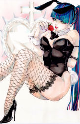 Rule 34 | 10s, 1girl, aikawa nisei, alternate hairstyle, animal ears, arm behind back, bdsm, black footwear, blunt bangs, bondage, bound, bow, bowtie, breasts, cleavage, detached collar, earrings, fake animal ears, fishnet thighhighs, fishnets, food, fruit, green eyes, heart, high heels, jewelry, lace, lace-trimmed legwear, lace trim, legs, leotard, lipstick, long hair, makeup, marker (medium), multicolored hair, panty &amp; stocking with garterbelt, playboy bunny, ponytail, rabbit ears, rabbit tail, shoes, sitting, stocking (psg), strawberry, tail, thighhighs, traditional media, wrist cuffs