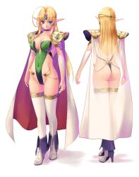 Rule 34 | 1girl, :o, ahoge, ankle boots, armlet, armor, arms at sides, ass, black choker, blonde hair, blue eyes, blush, boots, breasts, bridal gauntlets, cameltoe, cape, choker, cleavage, collarbone, covered navel, elf, forehead jewel, full body, green leotard, groin, high heel boots, high heels, highleg, highleg leotard, kirishima satoshi, large breasts, leotard, long hair, looking at viewer, original, parted bangs, parted lips, pauldrons, pointy ears, shoulder armor, simple background, standing, straight hair, strapless, strapless leotard, thighhighs, very long hair, white background, white cape, white footwear, white thighhighs