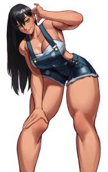 Rule 34 | 1girl, absurdres, artist request, black hair, breasts, character request, cleavage, dark-skinned female, dark skin, green eyes, hand on leg, hand on own leg, hand on own thigh, hand on thigh, highres, large breasts, leaning forward, legs, long hair, overalls, seductive smile, smile, solo, thighs