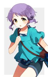 Rule 34 | 1girl, bag, blue bag, blue shirt, blue shorts, blush, collarbone, commentary, dot nose, flat chest, floral print, green shirt, grey background, highres, idolmaster, idolmaster million live!, looking at viewer, makabe mizuki, open mouth, purple hair, shirt, short hair, short sleeves, shorts, shoulder bag, sidelocks, solo, symbol-only commentary, thighs, toro (shiro), wavy hair, yellow eyes