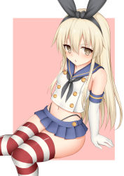 Rule 34 | 1girl, bare shoulders, black neckerchief, black panties, blonde hair, blue sailor collar, blue skirt, blush, brown eyes, elbow gloves, feet out of frame, gloves, hair between eyes, highleg, highleg panties, kantai collection, long hair, looking at viewer, microskirt, miniskirt, neckerchief, panties, pink background, pleated skirt, sailor collar, school uniform, serafuku, shimakaze (kancolle), simple background, skirt, sleeveless, solo, striped clothes, striped thighhighs, thighhighs, toshishikisai, underwear, white background, white gloves