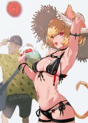 Rule 34 | animal ears, armpits, bikini, black bikini, blonde hair, breasts, cat ears, cat tail, clementine (overlord), eating, english text, food, hat, highres, holding, holding clothes, holding hat, khajiit dale badantel, looking at viewer, medium breasts, overlord (maruyama), popsicle, red eyes, short hair, so-bin, straw hat, swimsuit, tail