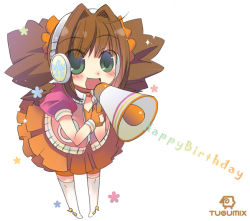 Rule 34 | 00s, 1girl, :d, birthday, blush, brown hair, chibi, green eyes, happy birthday, hayashi tsugumi, headphones, idolmaster, idolmaster (classic), idolmaster 1, megaphone, open mouth, pop sound blossom, simple background, smile, solo, takatsuki yayoi, twintails, white background