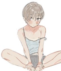 Rule 34 | 1boy, bandaid, bandaid on face, blush, camisole, feet together, grey hair, grey shorts, hands on feet, male focus, nipples, original, short hair, shorts, simple background, sitting, solo, strap slip, suisogenshi, trap, white background