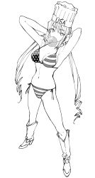 Rule 34 | 1girl, american flag bikini, american flag print, armpits, arms behind head, bikini, boots, breasts, chef hat, chewing gum, cleavage, flag print, hat, highres, iwamoto eiri, large breasts, long hair, looking at viewer, monica adenauer, monochrome, navel, print bikini, solo, swimsuit, twintails, yakitate!! japan