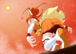 Rule 34 | 1girl, ahoge, bike shorts, boots, brown shorts, closed mouth, cure sunny, detached sleeves, from behind, from below, fuchi (nightmare), high heel boots, high heels, jacket, long hair, long sleeves, miniskirt, orange hair, orange jacket, orange skirt, orange sky, pleated skirt, precure, profile, short shorts, shorts, shorts under skirt, skirt, sky, sleeveless, sleeveless jacket, smile precure!, solo, sparks, thigh boots, thighhighs, white footwear, white sleeves, zettai ryouiki
