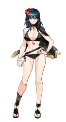Rule 34 | 1girl, absurdres, bare arms, bare legs, bare shoulders, belt, bikini, black belt, black bikini, black cape, black footwear, blue eyes, blue hair, breasts, byleth (female) (fire emblem), byleth (female) (summer) (fire emblem), byleth (fire emblem), cape, clenched hand, commentary request, commission, fire emblem, fire emblem: three houses, fire emblem heroes, flower, full body, hair between eyes, hair flower, hair ornament, hand on own hip, hibiscus, highres, large breasts, long hair, looking at viewer, navel, nintendo, official alternate costume, pixiv commission, red flower, sandals, silvercandy gum, simple background, smile, solo, standing, stomach, swimsuit, thighs, transparent background, white background, wristband