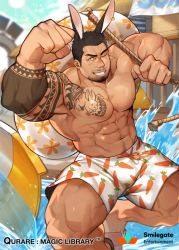 Rule 34 | 1boy, abs, animal ears, arm tattoo, bara, bare pectorals, biceps, black hair, bulge, carrot print, carrying over shoulder, character request, chest tattoo, dark-skinned male, dark skin, facial hair, food print, foot out of frame, foreshortening, goatee, gomtang, innertube, large pectorals, male focus, male swimwear, mature male, muscular, muscular male, navel, navel hair, nipples, official alternate costume, official art, one eye closed, pectorals, qurare magic library, rabbit ears, rope, sandals, short hair, sideburns, smile, solo, stomach, swim ring, swim trunks, tattoo, thick thighs, thighs, water, white male swimwear