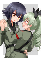 Rule 34 | 10s, 2girls, anchovy (girls und panzer), anzio military uniform, arm around waist, belt, black belt, black hair, black ribbon, black shirt, blush, braid, brown eyes, commentary, dress shirt, drill hair, girls und panzer, green hair, grey background, grey jacket, hair ribbon, highres, holding hands, jacket, long hair, long sleeves, looking at another, military, military uniform, multiple girls, okitsugu, open mouth, outside border, parted lips, pepperoni (girls und panzer), red eyes, ribbon, sam browne belt, shirt, short hair, side braid, standing, sweatdrop, twin drills, twintails, uniform, upper body