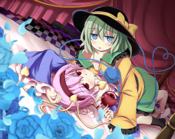 Rule 34 | 2girls, all fours, arms up, bed, blue eyes, blue flower, blue rose, blush, canopy bed, comord, downblouse, eyeball, female focus, flower, girl on top, green hair, hairband, hat, hat ribbon, heart, heart-shaped pupils, highres, komeiji koishi, komeiji satori, looking at viewer, lying, multiple girls, on back, open clothes, open mouth, open shirt, petals, pink hair, red eyes, ribbon, rose, shirt, short hair, siblings, sisters, skirt, symbol-shaped pupils, third eye, touhou