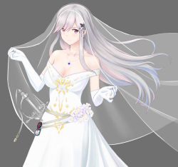 Rule 34 | 1girl, absurdres, azur lane, bare shoulders, belt, blush, breasts, bridal veil, butterfly hair ornament, chenche-jun, cleavage, collarbone, commentary request, dress, dunkerque (azur lane), elbow gloves, gloves, grey background, grey hair, hair ornament, highres, large breasts, light blush, long dress, long hair, looking at viewer, off-shoulder dress, off shoulder, purple eyes, rapier, sidelocks, simple background, smile, solo, sword, veil, weapon, wedding dress, white dress, white gloves