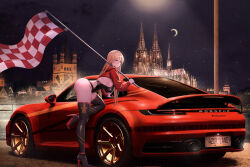 Rule 34 | absurdres, ass, azur lane, backless leotard, bismarck (azur lane), blonde hair, boots, breasts, checkered flag, cityscape, cologne cathedral, crescent moon, flag, highres, jacket, kcar66t, large breasts, leotard, long hair, moon, night, night sky, porsche 911, porsche 992, race queen, red jacket, sideboob, sky, swimsuit, thigh boots
