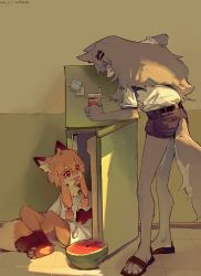 Rule 34 | 2girls, animal ear fluff, animal ears, belt, black shorts, blue eyes, body fur, cup, dated, female focus, food, food on face, fox ears, fox tail, fruit, furry, furry female, grey hair, hair ornament, highres, holding, holding cup, holding spoon, indoors, long hair, multiple girls, on ground, open mouth, orange hair, original, red eyes, refrigerator, sandals, shiiorina, shirt, shirt tucked in, short hair with long locks, short shorts, shorts, sidelocks, signature, sitting, spoon, standing, tail, watermelon, white shirt, wolf ears, wolf tail, x hair ornament