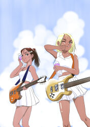 Rule 34 | 2girls, bare legs, bass guitar, black eyes, blonde hair, blue sky, bottle, breasts, brown hair, camisole, cloud, cloudy sky, collarbone, collared shirt, commentary request, dark-skinned female, dark skin, from below, guitar, instrument, iwa (iwa-0522), looking at viewer, midriff, miniskirt, multiple girls, navel, one eye closed, original, outdoors, pleated skirt, ponytail, shiny skin, shirt, skirt, sky, sleeveless, small breasts, smile, summer, sweat, tan, tongue, tongue out, water bottle, white shirt, white skirt, wiping face, wiping sweat