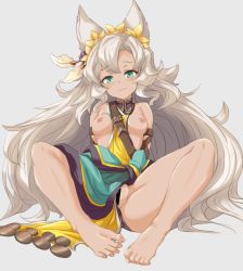 Rule 34 | 10s, 1girl, animal ears, bar censor, barefoot, blush, breasts, censored, closed mouth, erune, feet, full body, granblue fantasy, green eyes, grey background, grey hair, long hair, looking at viewer, nemone, nipples, partially visible vulva, pussy, simple background, small breasts, solo, toes, very long hair, wavy mouth, yu-ves