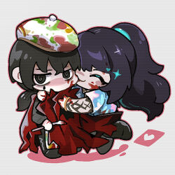 2boys apron arm_tattoo beret biting biting_cheek black_eyes black_hair blood blood_on_face blood_on_hands blue_shirt chibi chibi_only closed_eyes flaw_eight full_body hat hawaiian_shirt heart high_ponytail holding holding_paintbrush hong_lu_(project_moon) hug limbus_company long_hair looking_at_viewer low_ponytail male_focus multiple_boys no_mouth paintbrush project_moon ring_(identity)_(project_moon) shirt short_sleeves sparkle tattoo tingtang_gang_(identity)_(project_moon) white_hat yaoi yi_sang_(project_moon)