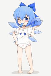 Rule 34 | 1girl, blue bow, blue eyes, blush stickers, bow, cirno, detached wings, female focus, food, hair bow, highres, jitome, looking at viewer, mitchan, no pants, one eye closed, panties, popsicle, shirt, simple background, smile, solo, standing, t-shirt, touhou, underwear, white background, white panties, wings