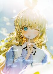 Rule 34 | 1girl, ;), black ribbon, blonde hair, blue eyes, blue shirt, character request, closed mouth, commentary request, eoneu nal gongjuga doeeobeoryeotda, hair between eyes, instagram username, korean commentary, long hair, long sleeves, looking at viewer, neck ribbon, one eye closed, pixiv id, puffy long sleeves, puffy sleeves, ribbon, say hana, shirt, signature, smile, solo, upper body