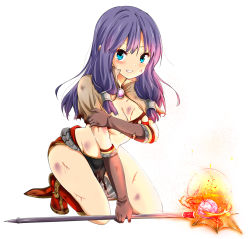 Rule 34 | 1girl, aqua eyes, beaten, blood, blue hair, blush, boots, breasts, bruise, cleavage, clenched teeth, cuts, defeat, full body, gloves, groin, injury, kneeling, long hair, looking at viewer, mage (ragnarok online), magician, medium breasts, midriff, parted lips, pelvic curtain, purple hair, ragho no erika, ragnarok online, simple background, solo, staff, sweatdrop, tears, teeth, torn clothes, underboob, weapon, white background