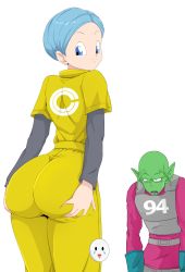 Rule 34 | 1boy, 1girl, absurdres, ass, ass focus, ass grab, blue eyes, blue hair, bodysuit, bulma, caisama, curvy, disguise, dragon ball, dragon ball super, dragon ball super super hero, earrings, from behind, gloves, grabbing own ass, happy, highres, huge ass, jewelry, looking at another, looking at viewer, looking back, military, military uniform, piccolo, pointy ears, shiny clothes, short hair, skin tight, soldier, thick thighs, thighs, uniform, wide hips