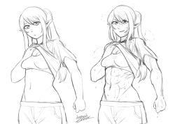Rule 34 | 1girl, abs, absurdres, basedshark, breasts, cleavage, clothes lift, elf, frown, highres, long bangs, medium breasts, muscular, muscular female, original, pointy ears, ponytail, shirt, shirt lift, sketch, smile, solo, sweat, t-shirt, tank top, toned
