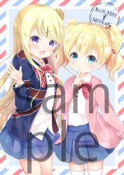 Rule 34 | 2girls, :d, alice cartelet, blonde hair, blue eyes, blue jacket, blue skirt, blush, bow, closed mouth, collared shirt, commentary request, copyright name, flag print, hair bun, hair ornament, hairclip, hand up, heart, highres, hood, hood down, hooded jacket, inahori, index finger raised, jacket, kin-iro mosaic, kujou karen, long hair, multiple girls, open clothes, open jacket, open mouth, pink bow, pink jacket, pleated skirt, print jacket, purple eyes, sample watermark, shirt, side bun, single hair bun, single side bun, skirt, smile, striped, striped bow, thighhighs, twintails, union jack, very long hair, watermark, white legwear, white shirt, x hair ornament