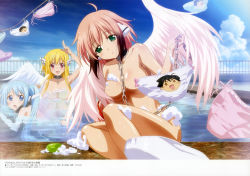 Rule 34 | 3girls, :o, absurdres, angel wings, astraea (sora no otoshimono), blonde hair, blue eyes, blue hair, blue panties, bow, bow panties, breasts, censored, chain, choker, cleavage, cloud, convenient censoring, day, feathered wings, green eyes, highres, huge breasts, ikaros, large breasts, legs, long hair, multiple girls, non-web source, nude, nymph (sora no otoshimono), official art, onsen, open mouth, panties, partially submerged, pink hair, pink panties, purple panties, red eyes, robot ears, shen hong, side-tie panties, sky, small breasts, soap bubbles, sora no otoshimono, twintails, underwear, very long hair, water, wet, white panties, wings